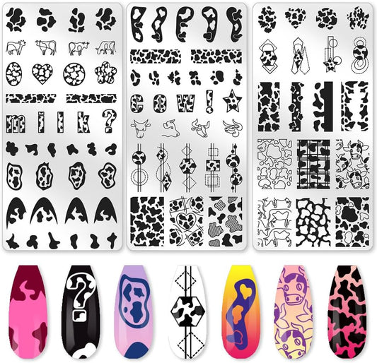 3Pcs Cute Cow Nail Stamping Plate Set Graffiti Spots Animal Heart ShapedStainless Steel Nail Templates Clear Silicone Nails Stamping with Stamper Scraper for Manicure Printing-Velvo Beauty