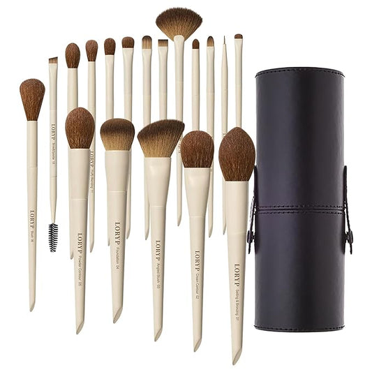 LORYP 18 Piece Makeup Brushes Set Labeled Face and Eye Brush Set Complete with Foundation, Concealer, Contour, Blending, Blush, Eyeshadow Brushes with Travel Holder Case-Velvo Beauty