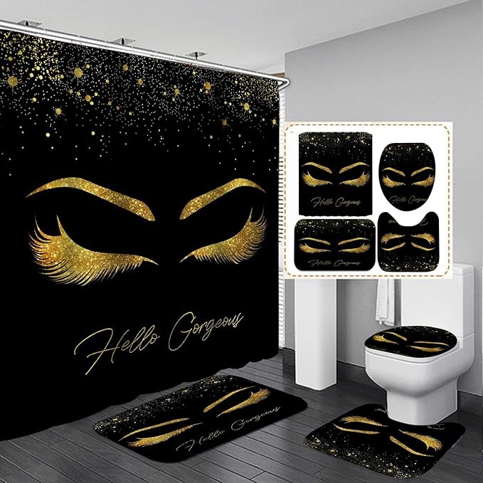 4PCS Unicorn Eyelash Shower Curtain Set, Luxury Gold Glitter Eyebrow Makeup Confetti Hello Gorgeous Glam Modern Fashion Black Women Bathroom Decor, Non-slip Bath Mat Toilet Rug, Gold Eyelash-Velvo Beauty