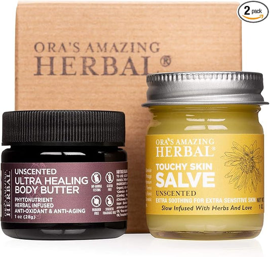Ora's Amazing Herbal, Eczema Relief, Touchy Skin Salve, Ultra Healing Body Butter, Eczema Cream, Eczema Balm, Herbal Salve, Travel Size, 1oz each-Velvo Beauty