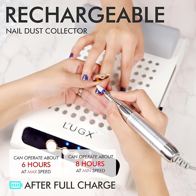 L'UGX Rechargeable Nail Dust Collector with 2 Reusable Filters, Professional 70W Nail Extractor Vacuum Acrylic Nail Dust Cleaner, Perfect for Home Salon Use, Low Noise-Velvo Beauty