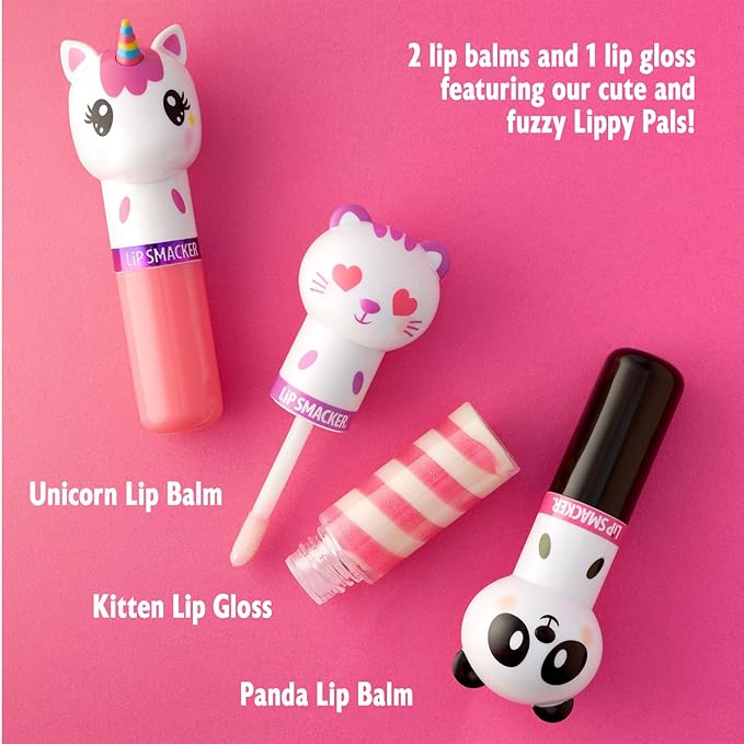 Lip Smacker Lippy Pals, Set of 3 Flavored Moisturizing & Smoothing Soft Shine Lip Balm, Hydrating & Protecting Fun Tasty Flavors ,Cruelty-Free & Vegan - Unicorn, Bunny, Llama-Velvo Beauty