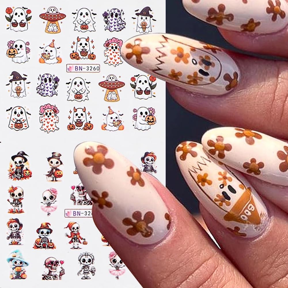 Halloween Nail Decals - Cute Cartoon Water Transfer Foil for Women - Pink Pumpkin Ghost Skeleton Witch Bat Designs - DIY Nail Art Decor - 12Pcs-Velvo Beauty