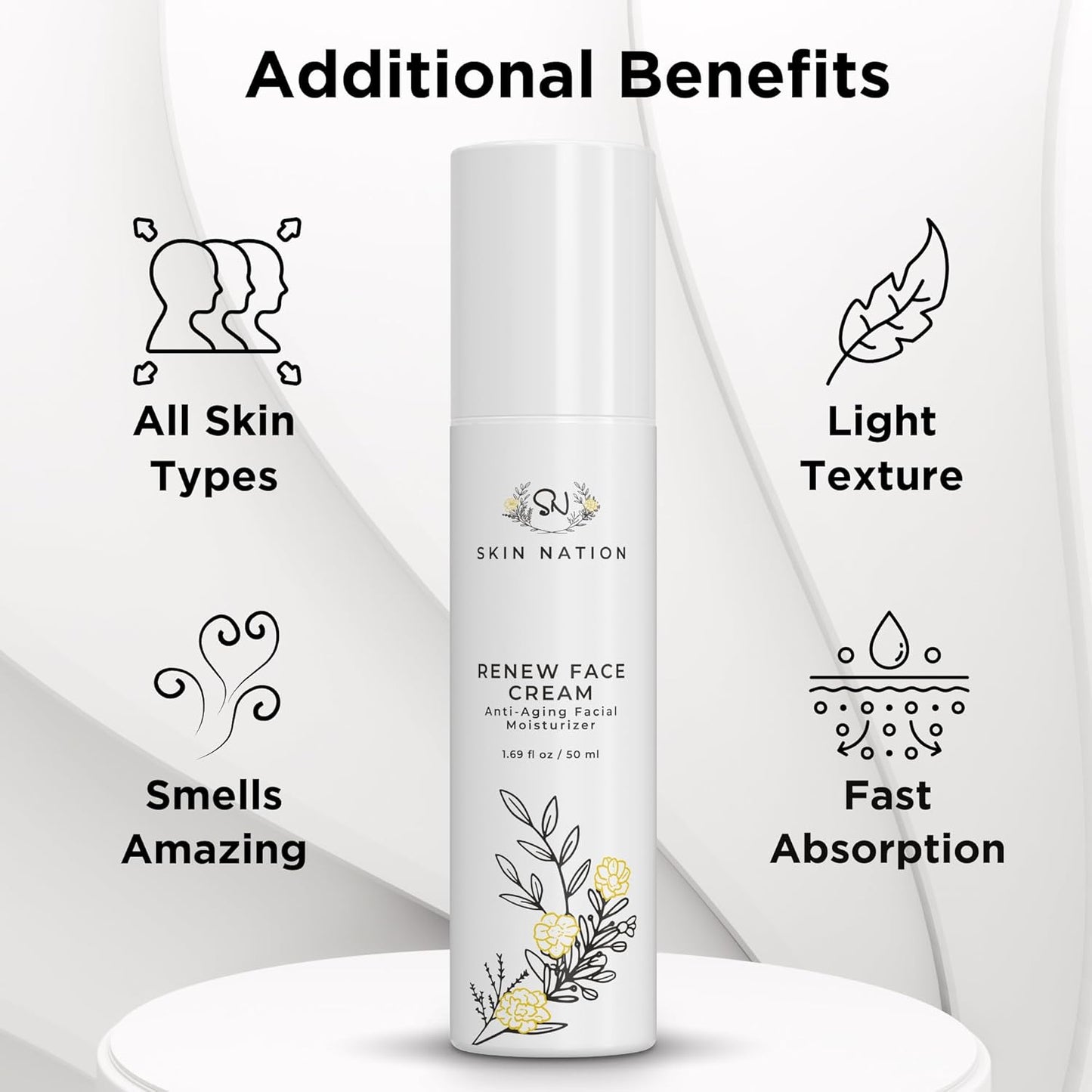 Skin Nation Renew Face Cream, Hydrating Moisturizer with Peptides, Hyaluronic Acid & Green Tea, Lightweight Plant-Based Cream for Smooth, Radiant Skin, 1.69 fl oz-Velvo Beauty