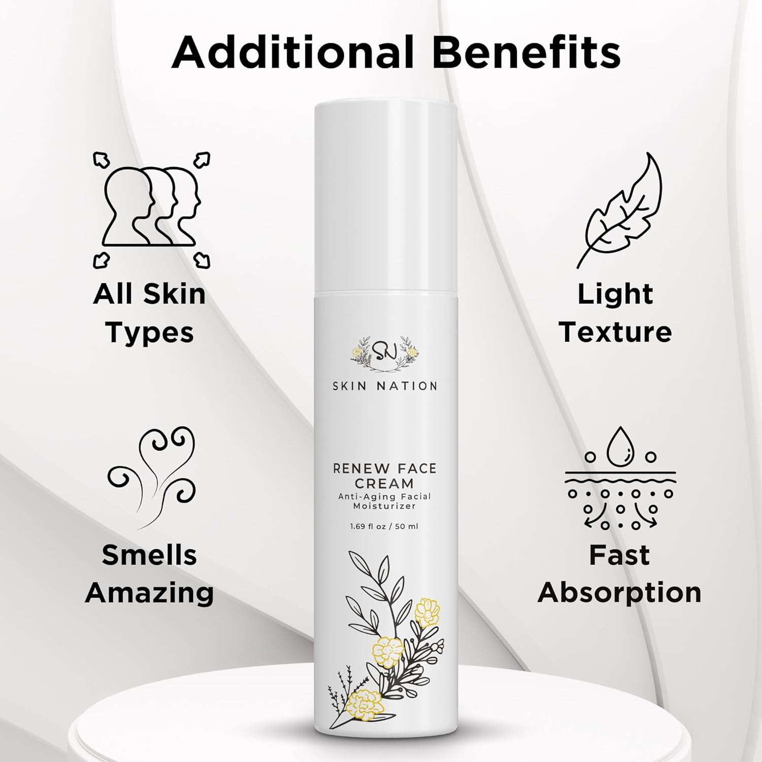 Skin Nation Renew Face Cream, Hydrating Moisturizer with Peptides, Hyaluronic Acid & Green Tea, Lightweight Plant-Based Cream for Smooth, Radiant Skin, 1.69 fl oz-Velvo Beauty