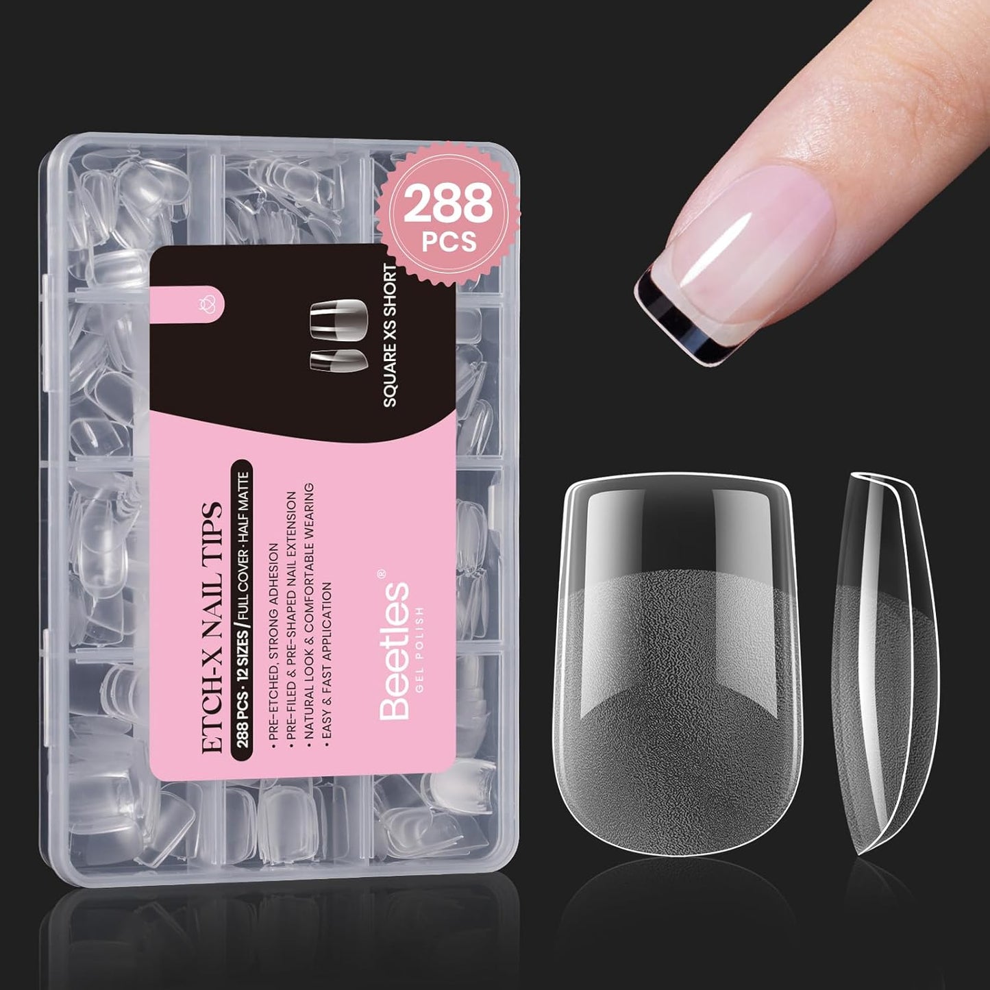 Beetles Gel Nail Tips 288 pcs Extra Short Square Nail Tips 12 Sizes Full Cover Gel Press On Nails Half Matte Acrylic Square Fake Nail Extension Set for Women Home DIY-Velvo Beauty