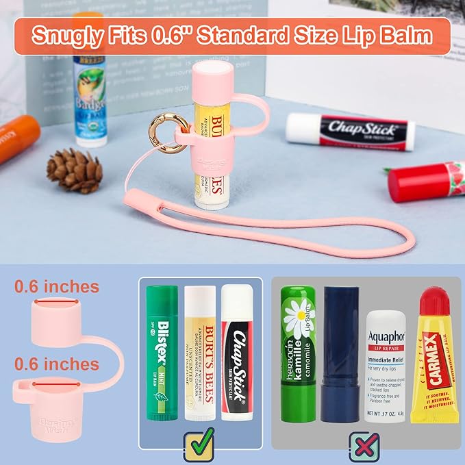 Desing Wish Silicone Lip Balm Holder with Cap Cover Portable Chapstick Holder Keychain Sleeve Lip Balm Key Chain with Key Ring and Wrist Strap Lanyard - Pink-Velvo Beauty