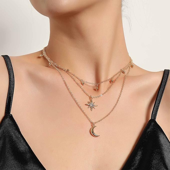 Bohemia Layered Star Choker Necklace Crescent Moon Pendant Necklace Chain Crystal Star Choker Necklace Gold Moon Necklace Jewelry for Women and Girls-Velvo Beauty