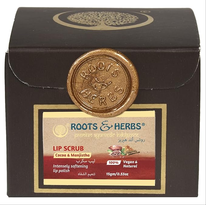 ROOTS AND HERBS Ayurvedic Cacao & Manjistha Cane Sugar Lip Scrub 100% Vegan, No-Paraben, No-SLS, No-Sulphate & Natural Treatment Exfoliator for Dark, Dry, Chapped Smooth & Brighter Lips (15gm/0.53oz)-Velvo Beauty
