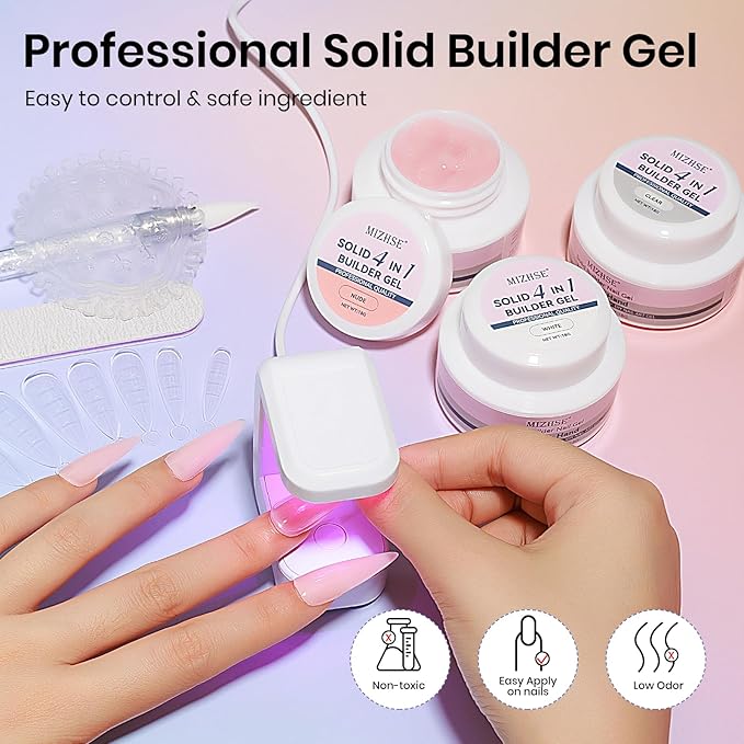MIZHSE Solid Builder Gel Nail Kit with Nail Lamp, 3 Colors Builder Gel Clear Milky White Nude Hard Sculpting 3D Art U V LED Gels with Dual Form-Velvo Beauty
