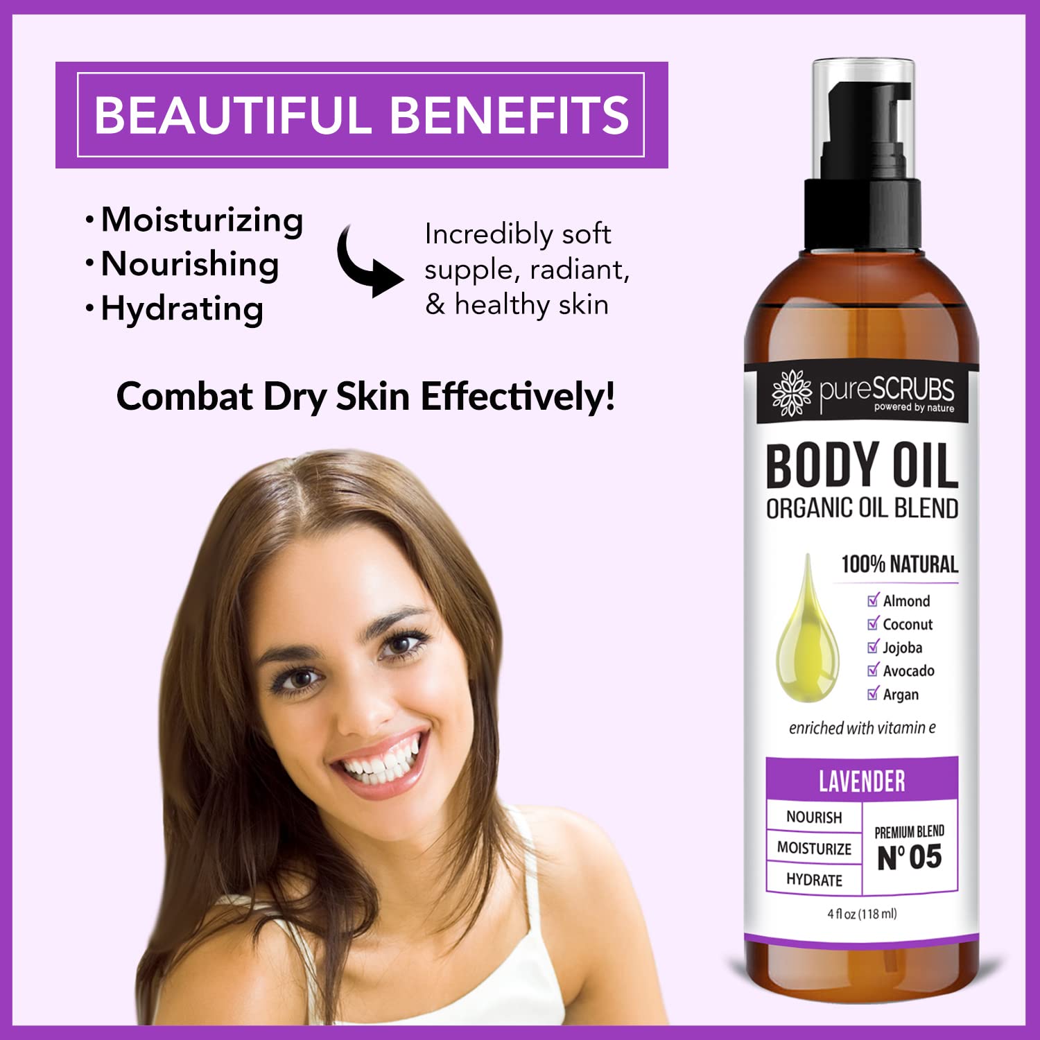 pureSCRUBS Ultra Moisturizing Lavender Body Oil Spray for Dry Skin, Massage, Cuticles & More, Organic Blend of Jojoba, Argan, Coconut, Sweet Almond & Avocado Oils Enriched with Vitamin E, Lg 4oz-Velvo Beauty