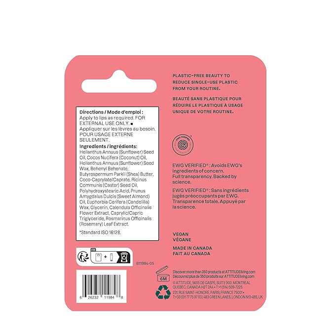 ATTITUDE Plastic-free Lip Balm, EWG Verified Plant- and Mineral-Based Ingredients, Vegan and Cruelty-free Personal Care Products, Watermelon, 0.3 Oz-Velvo Beauty