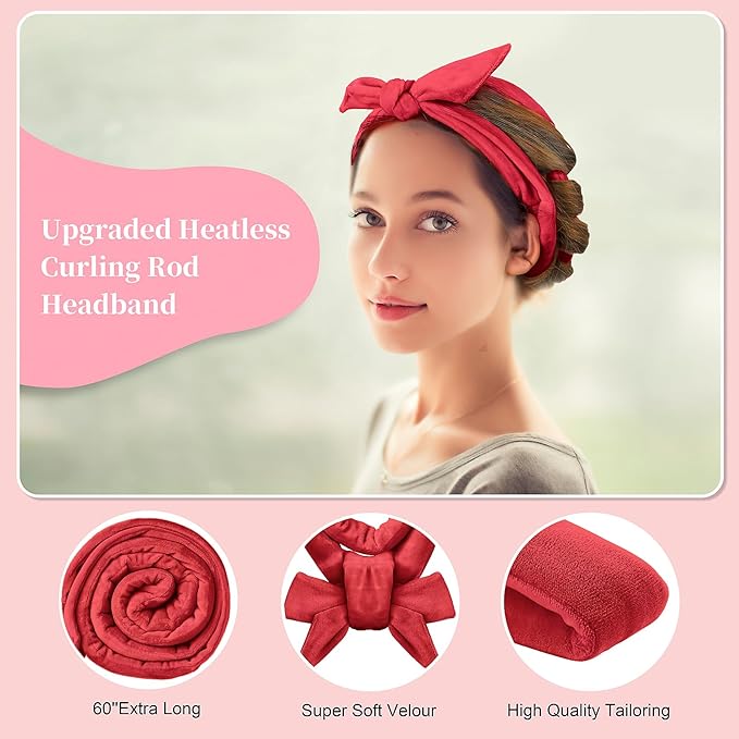 Heatless Curling Rod Headband, Upgraded 60" Extra Long Heatless Curls Headband Soft Hair Curlers to Sleep In Hair Rollers No Heat Curls (Red)-Velvo Beauty