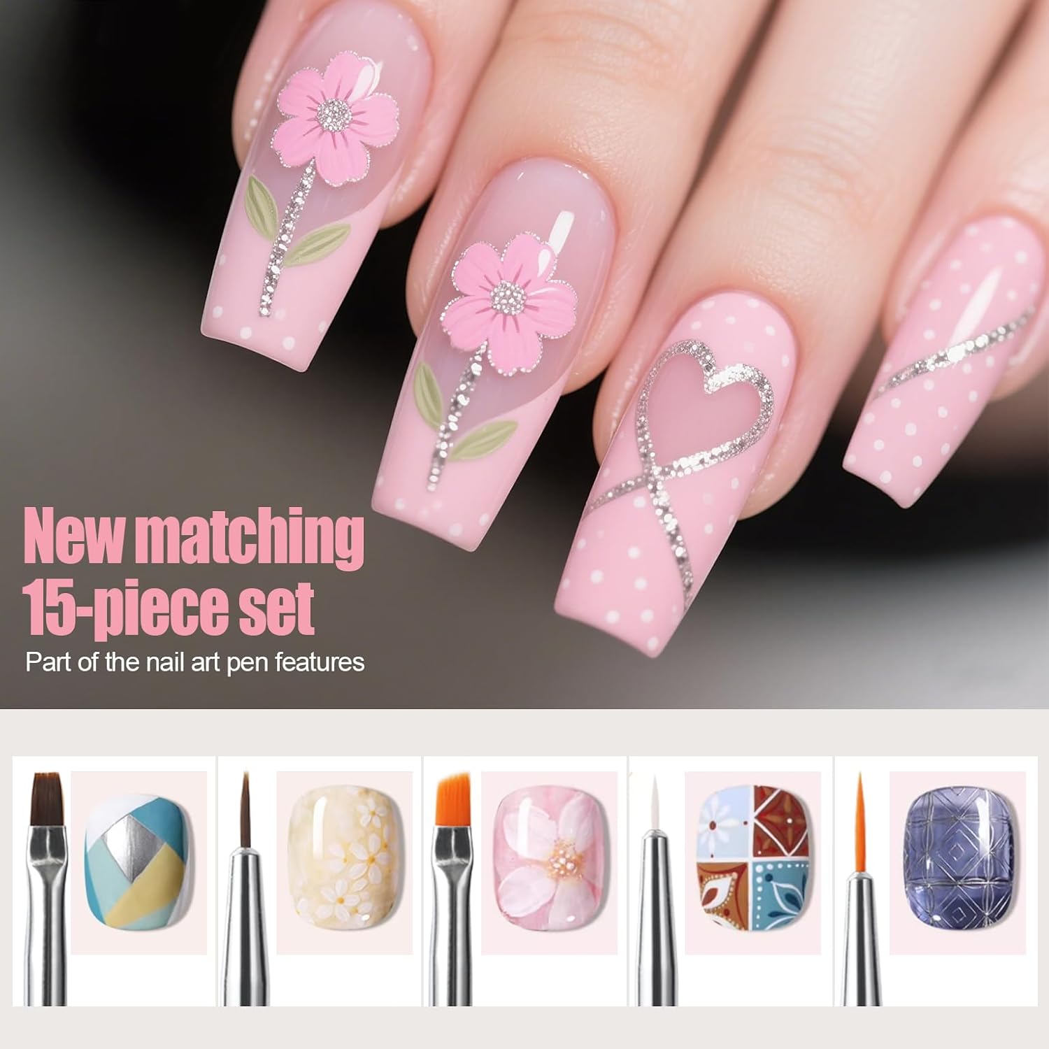 Artdone 15pcs Pink Nail Art Brushes, Nail Art Tool Set, Dotting Tools, Dust Brush,Striping Brushes for Long Lines, Drawing Pen For Gel Polish Design supply-Velvo Beauty