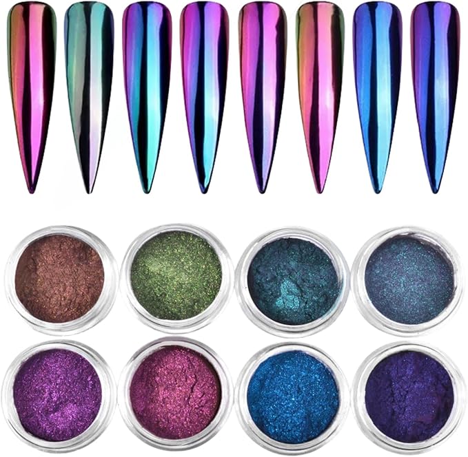 8Pcs Chameleon Chrome Nail Powder,Chrome Powder for Gel Nails Nail Chrome Powder Mirror Effect Holographic Aurora Iridescent Pearlescent Manicure(8 colors)-Velvo Beauty