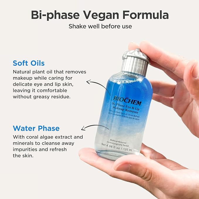 BIOCHEM Bi-Phase Eye & Lip Heavy Makeup Remover, Waterproof Mascara Remover, Gentle Cleanser liquid for Makeup with Natural Ingredients for Sensitive, Normal Skin Types (4.06 fl. oz / 120 ml)-Velvo Beauty