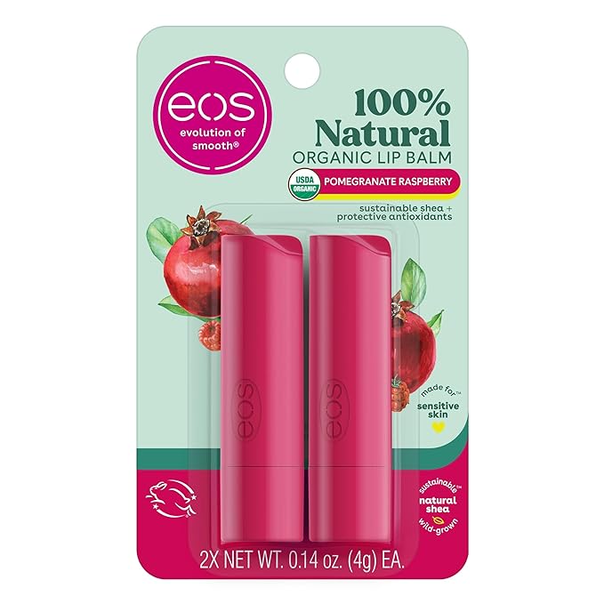 eos 100% Natural & Organic Lip Balm- Pomegranate Raspberry, Dermatologist Recommended, All-Day Moisture Lip Care, 0.14 Oz, 2 Pack-Velvo Beauty