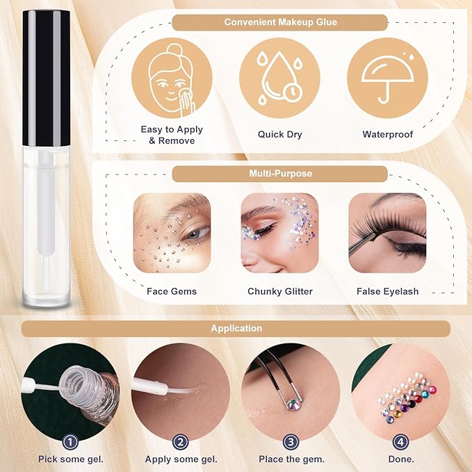 Colorful Face Gems for Makeup Set, Clear Glass Gems+Mixed-Colored Crystals with Picker Pencil, Makeup Glue, Dual-End Dotting Tool, Tweezer for Eye Body Hair Make-up and Nail Art Deco-Velvo Beauty