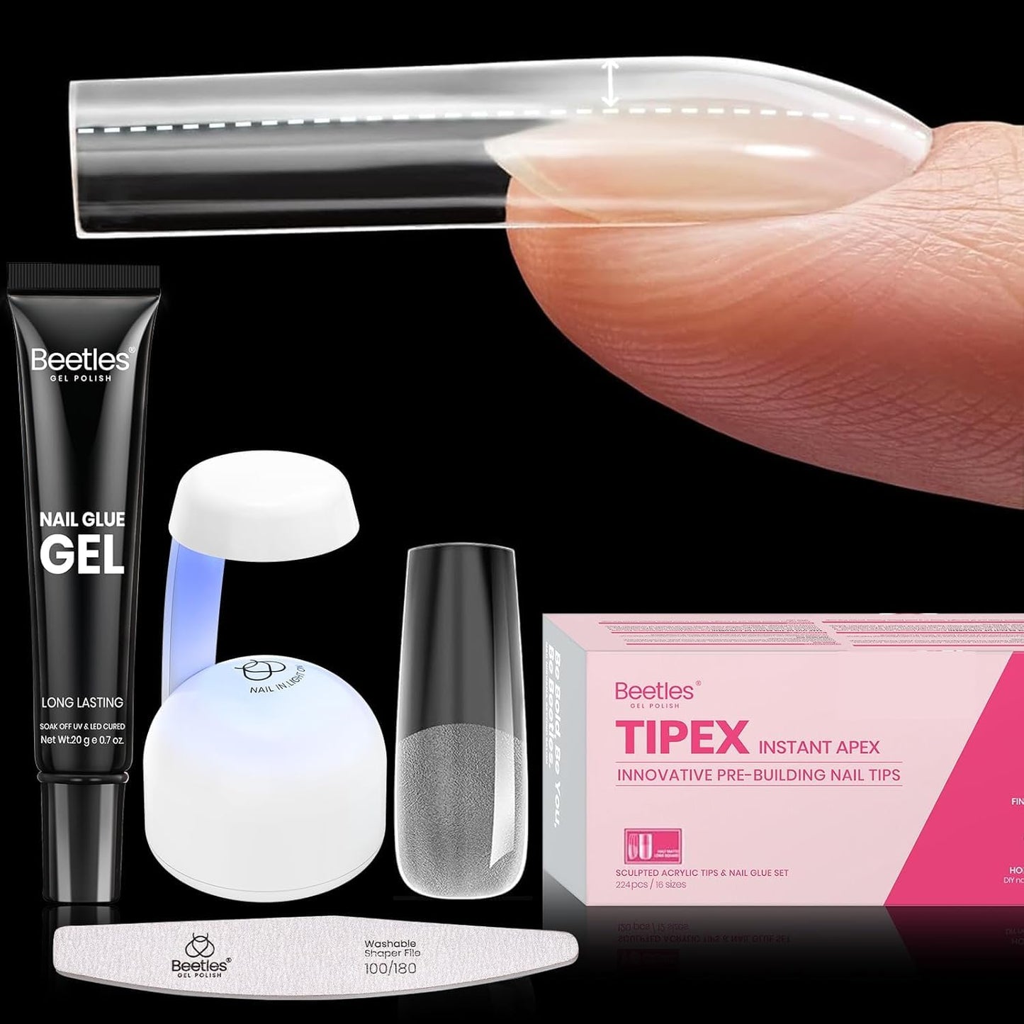 Beetles Tipex Nail Tips Kit, Long Square-C Curved Half Matte Nail Tips 224 Pcs 16 Sizes Pre Building Fake Nails with Tipex Nail Glue, Mini Nail Lamp - Thick Acrylic Nail Set-Velvo Beauty