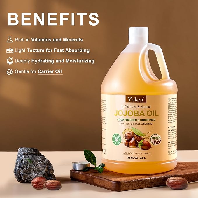 Yoken 1 Gallon Jojoba Oil EWG Verified - 100% Pure Jojoba Oils Bulk Cold Pressed Unrefined Hexane Free Virgin Golden jojoba Carrier Oil for Hair Skin Massage DIY Natural Body Moisturizer-Velvo Beauty