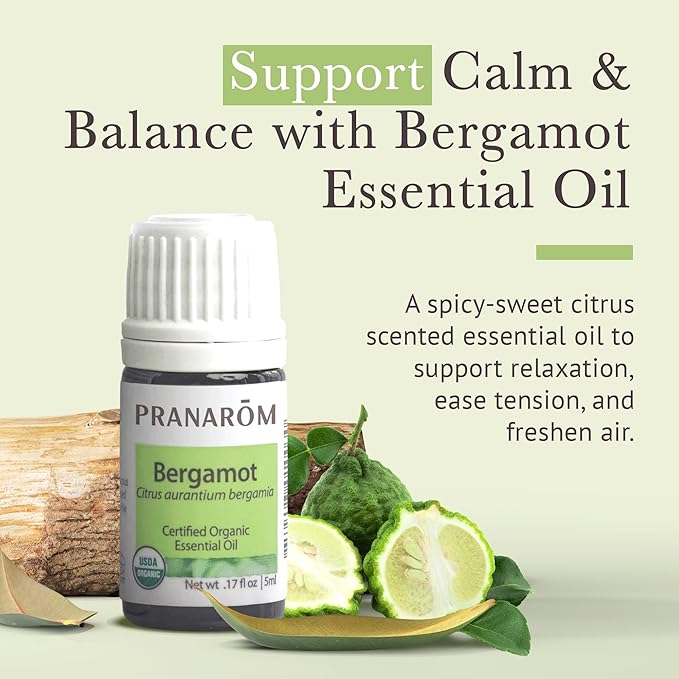 Pranarom USDA Certified Organic Bergamot Essential Oil (5ml), 100% Pure Undiluted Therapeutic Grade from Italy for Aromatherapy, Diffuser, Uplifting Scent, Immune Support, Relaxation, Sleep-Velvo Beauty