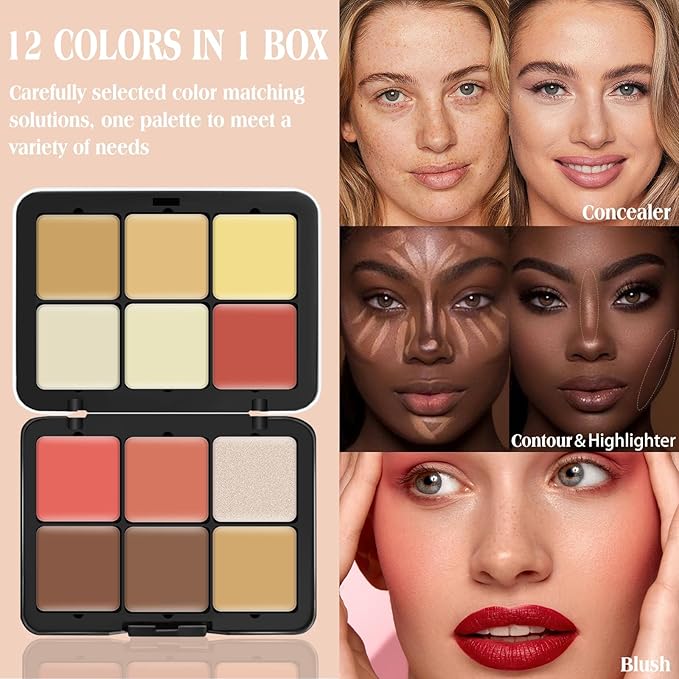 12 Colors Cream [Blush+Contour+Concealer+Highlighter] Makeup Palette for Cheeks - Multi-functional Makeup Palette with Brush, Natural Matte Long Wearing, Waterproof Face Makeup Palette (#05)-Velvo Beauty