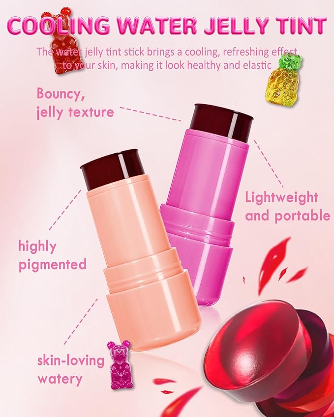 Makeup Jelly Tint,Cooling Water Jelly Tint Coral Blush Stick, Sheer Lip & Cheek Tint Stain, Long Lasting Waterproof Jelly Blush Lip Gloss, Vivid Color, Non-Sticky, Buildable Tinted Jelly Lip Stains-02-Velvo Beauty