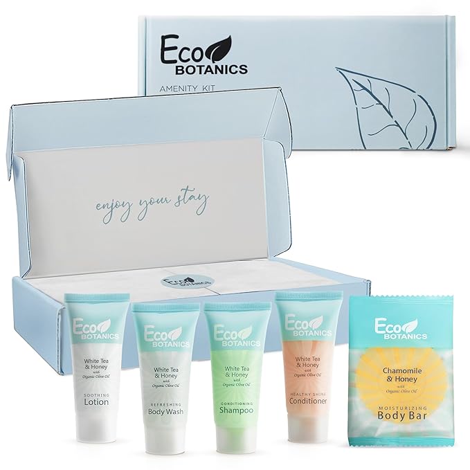 Eco Botanics Amenity Kit | Boxed Hotel Toiletries | Bulk Set 0.85 oz Travel Size Shampoo, Conditioner, Lotion, Body Wash & Body Bar Soap for Guest Hospitality AirBnB/Vacation Rentals | 1 set per case-Velvo Beauty