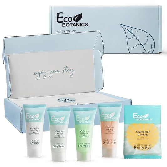 Eco Botanics Amenity Kit | Boxed Hotel Toiletries | Bulk Set 0.85 oz Travel Size Shampoo, Conditioner, Lotion, Body Wash & Body Bar Soap for Guest Hospitality AirBnB/Vacation Rentals | 1 set per case-Velvo Beauty