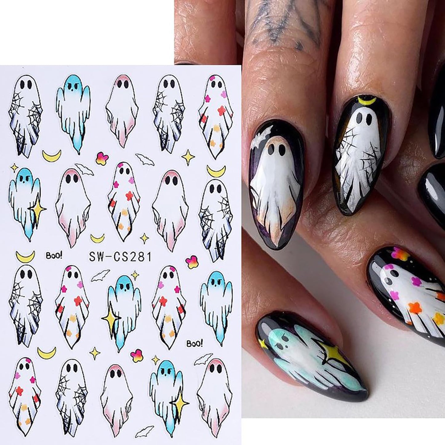 6 Sheets Halloween Nail Art Stickers 3D Self -Adhesive Cute Ghost Pumpkin Nail Decals Holographic Heart Spider Web Skeleton Flame Nail Stickers Halloween Nail Decoration for Women Manicure Supplies-Velvo Beauty