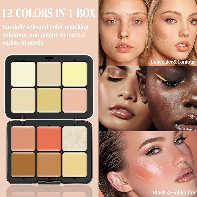 12 Colors Cream [Blush+Contour+Concealer+Highlighter] Makeup Palette for Cheeks - Multi-functional Makeup Palette with Brush, Natural Matte Long Wearing, Waterproof Face Makeup Palette (#04)-Velvo Beauty