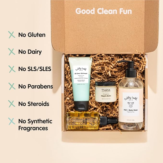 Tubby Todd New Baby & Mom Sensitive Skincare Kit - The Mama + Baby Gift Set - Baby Shampoo and Body Wash, All Over Ointment, Belly Oil & Nipple Balm - Standard Size Lavender Rosemary-Velvo Beauty