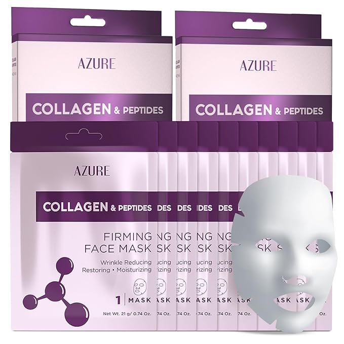 AZURE Collagen & Peptides Lifting Sheet Facial Mask - Restoring, Smoothing & Moisturizing Face Mask - Helps Reduce Fine Lines & Wrinkles, Smooths & Repairs - Skin Care Made in Korea - 10 Pack-Velvo Beauty