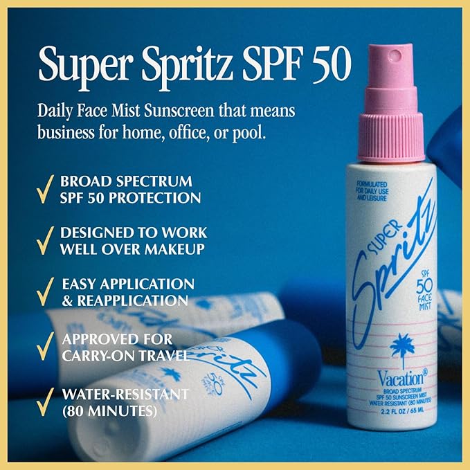 Vacation Super Spritz SPF 50 Face Mist, Daily Face Sunscreen Spray, Clean & Lightweight, Water-Resistant, Non-Comedogenic, Vegan, Travel Size, 2.2 Fl. Oz. (Value Pack of 3)-Velvo Beauty