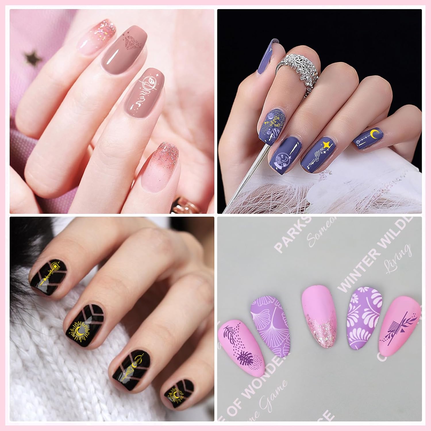 Biutee 4PCS Nail Stamping Plates Set, Includes Nail Art Stamper & Scraper - French Line Lace, Space, Animal, Flower, Leaf Designs - Large Nail Art Stencils Templates for DIY Manicure-Velvo Beauty