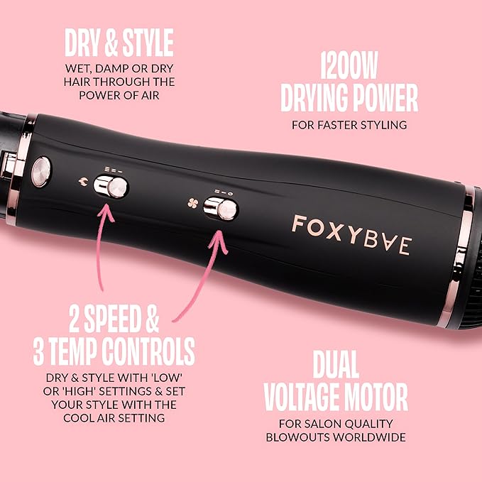 Foxybae Super Styler – 4-in-1 Blow Dryer Brush Set - Diffuser, Blowout Brush, 1.25” Curling Barrel & Drying Cylinder - Voluminous, Frizz-free Hair - Blow Dryer, Straightener & Curler [Black Rose-Gold]-Velvo Beauty