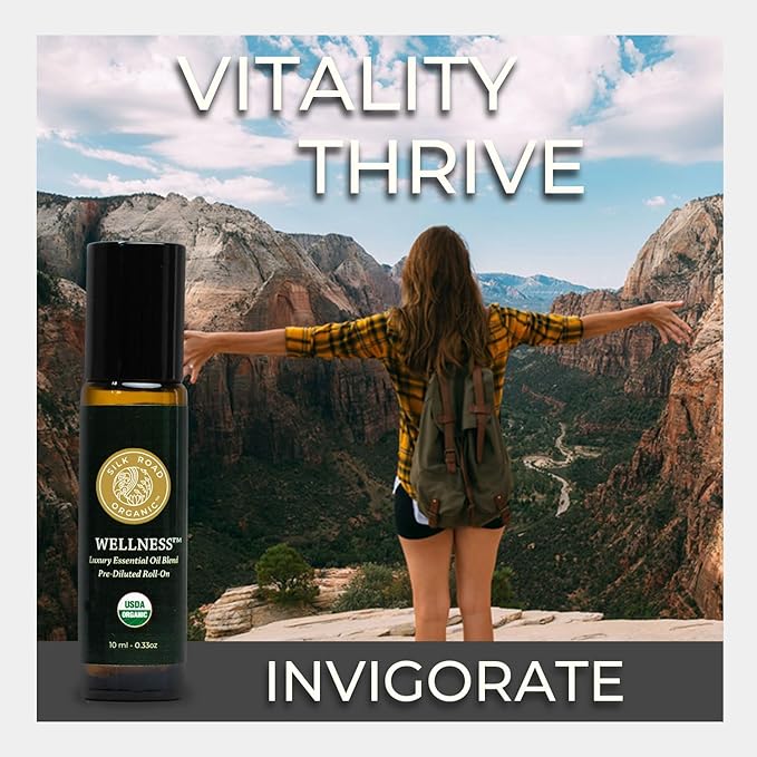 Silk Road Organic Wellness Essential Oil Vitality Blend Roll On - 100% Pure USDA Certified Frankincense, Cypress, Cedarwood, Clary Sage, Orange - Thrive Naturally, 10 ml Roller-Velvo Beauty