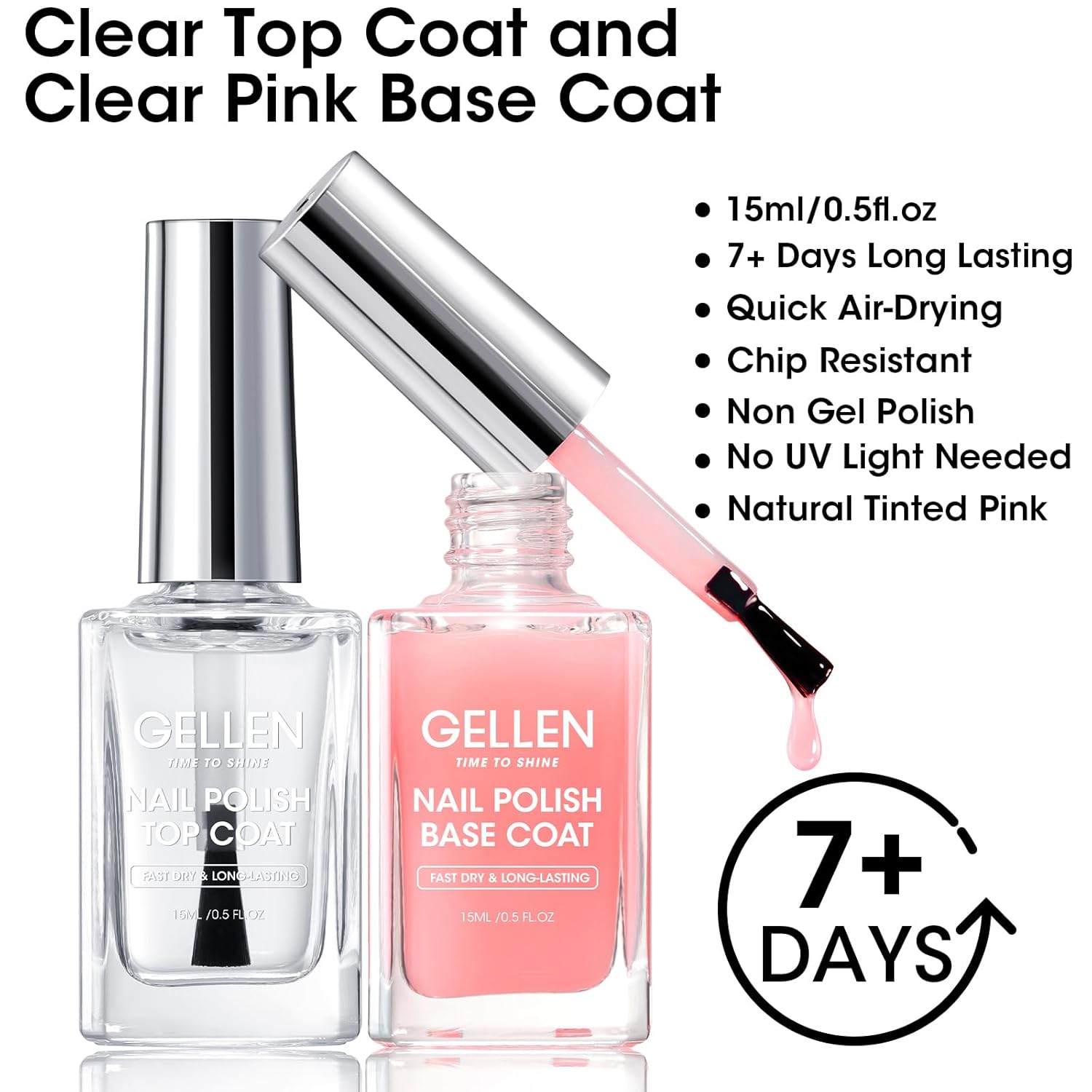 GELLEN Clear Nail Polish Base Top Coat, Sheer Pink Tinted Base Coat & Shine No Wipe Top Coat for Strengthening Thin Damaged Natural Nails, Quick Dry Regular Nail Polish No UV Gel, Hema Free, Non-toxic-Velvo Beauty