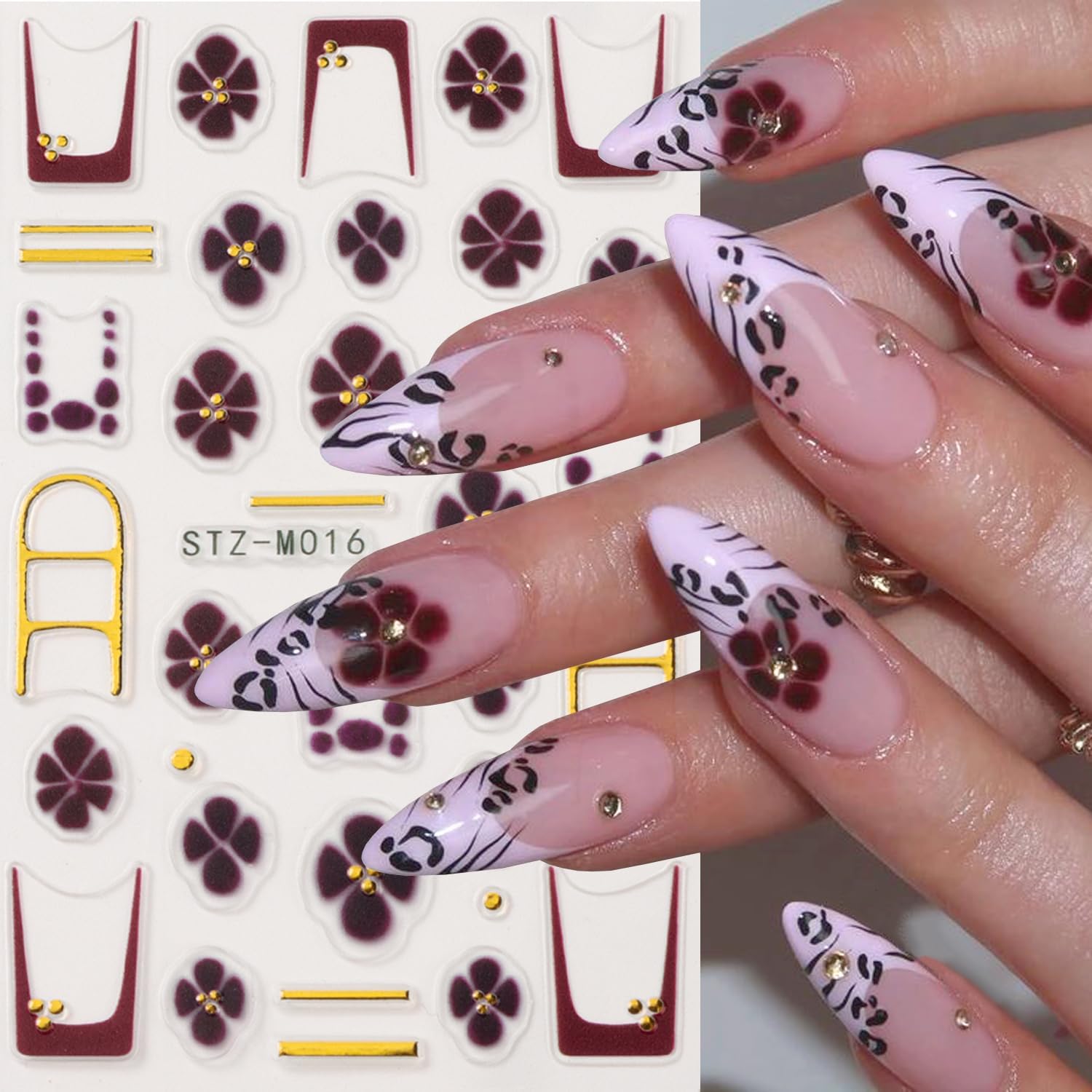 4Pcs Flower Nail Stickers for Nail Art - French Nail Art Stickers Autumn Winter Wine Red Brown Blue Floral Leopard Print Pattern 3D Self-Adhesive Nails Sliders Flowers Sticker for Nails Decoration-Velvo Beauty