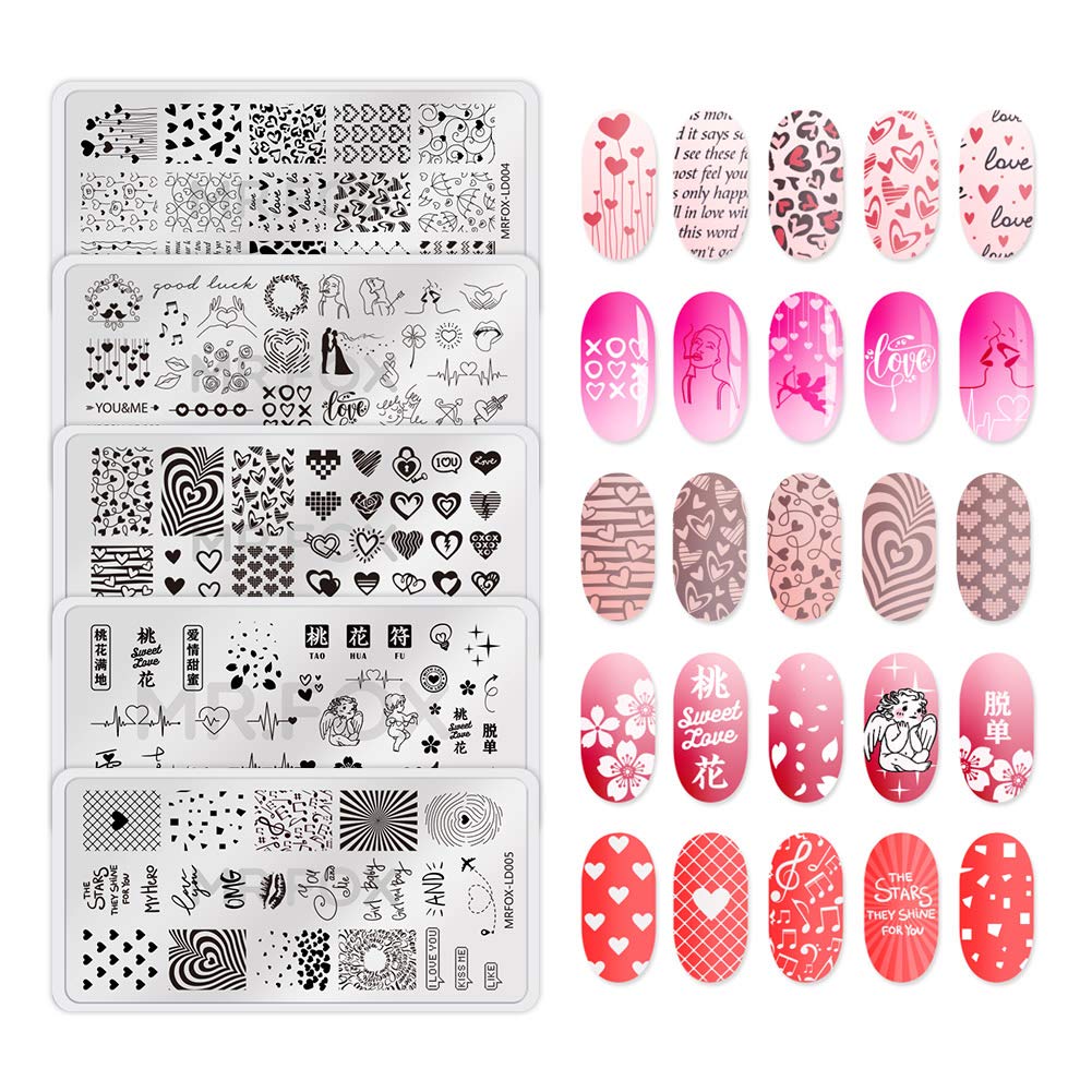 MR.FOX 5 Pcs Nail Print Board Set Valentine's Day Theme Various Hearts Cupid Electrocardiogram Nails Art Stamping Plate-Velvo Beauty