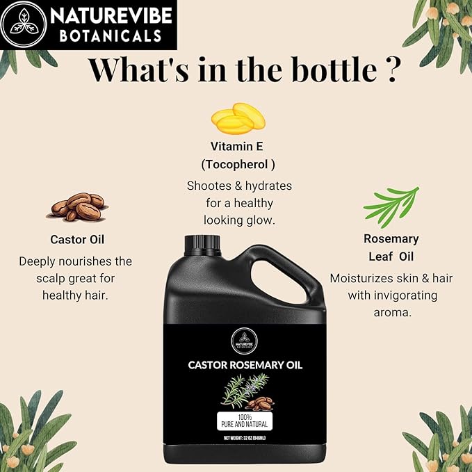 Naturevibe Botanicals Castor Rosemary Oil 32 Ounces | 100% Pure and Natural | Great for Skin Care and Hair Care-Velvo Beauty