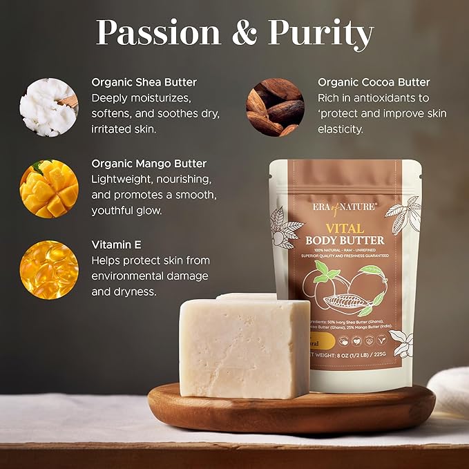 Era of Nature Organic Shea, Mango & Cocoa Body Butter – Raw, Unrefined, 100% Natural – Perfect Base for DIY Skincare, Body Butters, Lotions, Soaps & Lip Balms – Essential for Homemade Creations – 16oz-Velvo Beauty