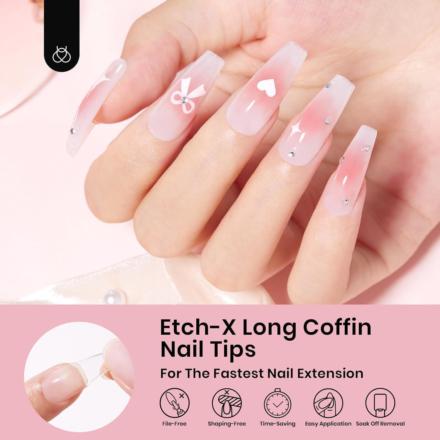 Beetles Coffin Long Gel Nail Tips –Pre-Etched Half Matte Full Cover, 288 Pieces, Pre-Shaped in 12 Sizes for Press-On Extensions-Velvo Beauty