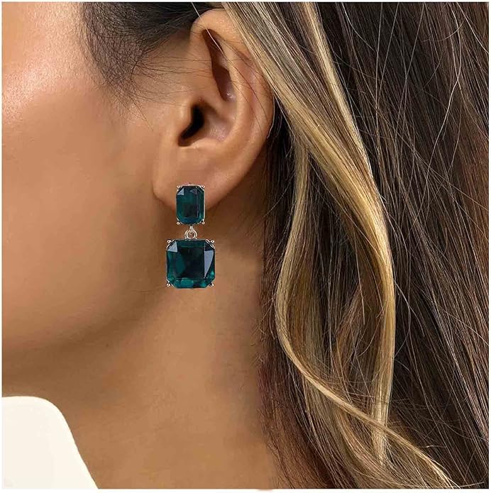 Vintage Emerald Square Earrings Green Emerald Drop Earrings Geometric Emerald Earrings Luxury Wedding Green Crystal Stud Earrings Jewelry for Women-Velvo Beauty