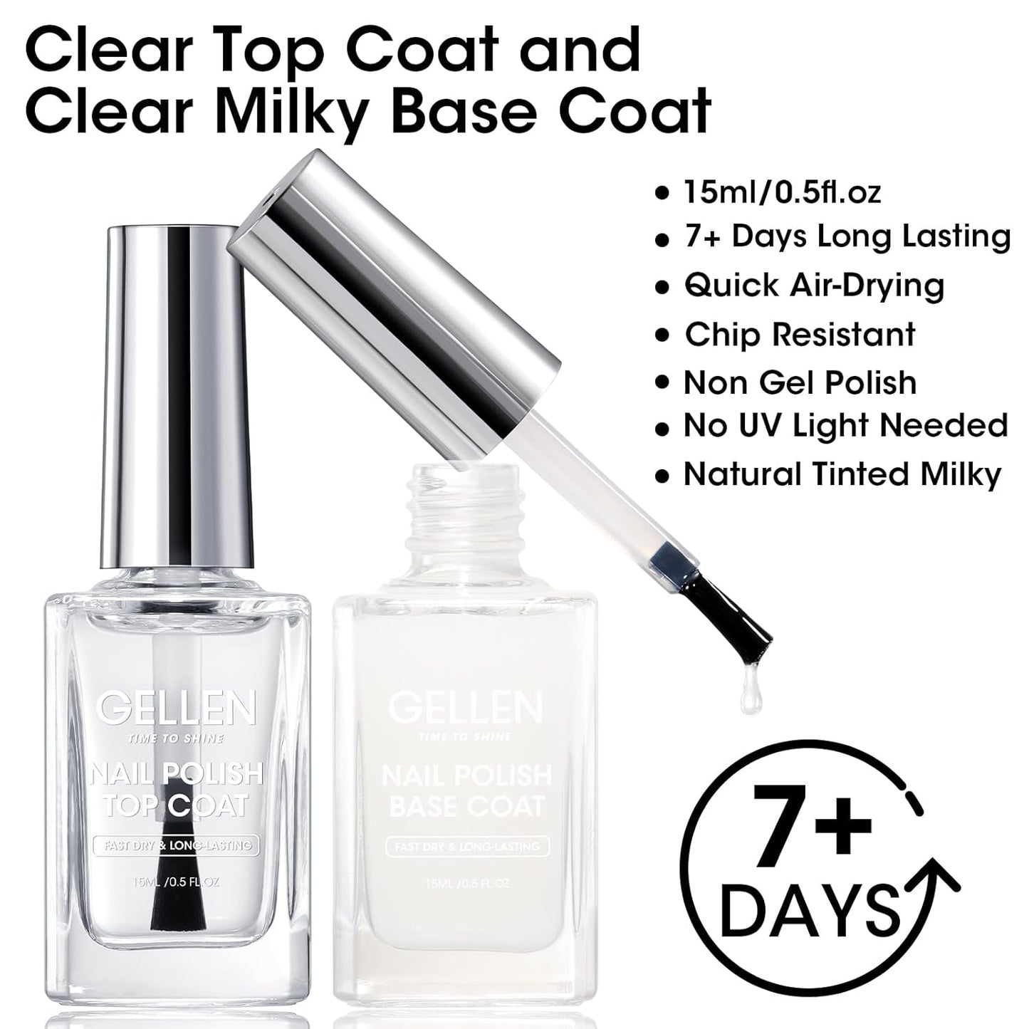 GELLEN Clear Nail Polish Base and Top Coat, Shine No Wipe Top Coat and Tinted Milky White Sheer Base Coat Strengthens Nails - Calcium, Quick Dry Regular Nail Polish, Not UV Gel, Hema Free, Non-toxic-Velvo Beauty