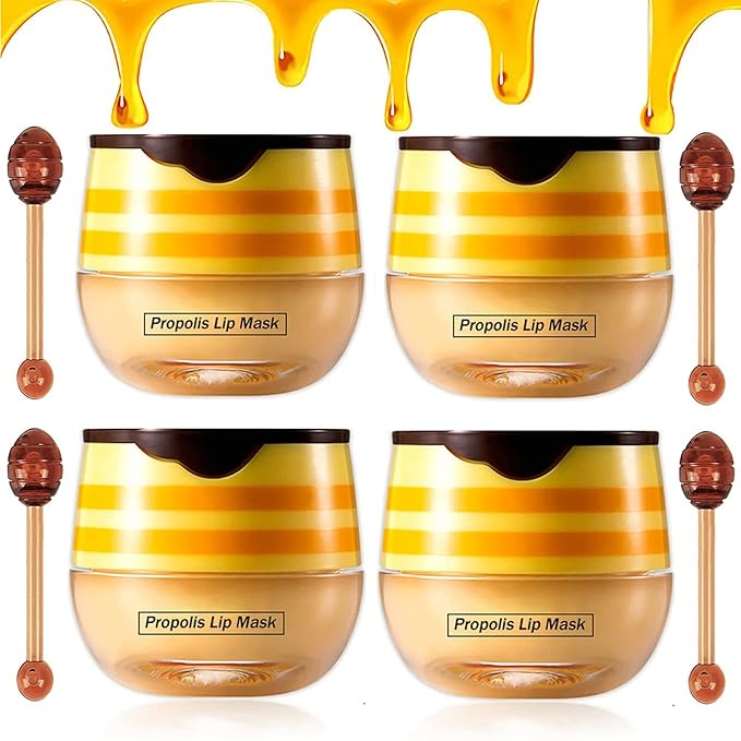 4PCS Nourishing Lip Balm Honey Pot, Honey Pot Lip Mask Propolis Moisturizing Bee Lip Balm with Brush, Hydrating & Prevention Dry and Cracked Lip Sleeping Mask Reduces Lip Lines Lip Care Product-Velvo Beauty