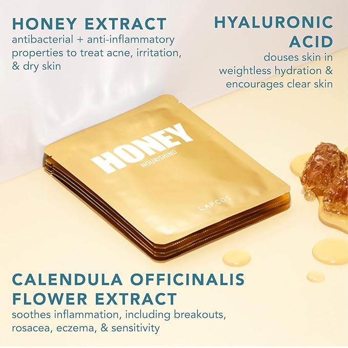 LAPCOS Honey Sheet Mask, Daily Face Mask with Hyaluronic Acid and Antioxidants to Hydrate and Tighten Dry Skin, Korean Beauty Favorite, 5-Pack-Velvo Beauty