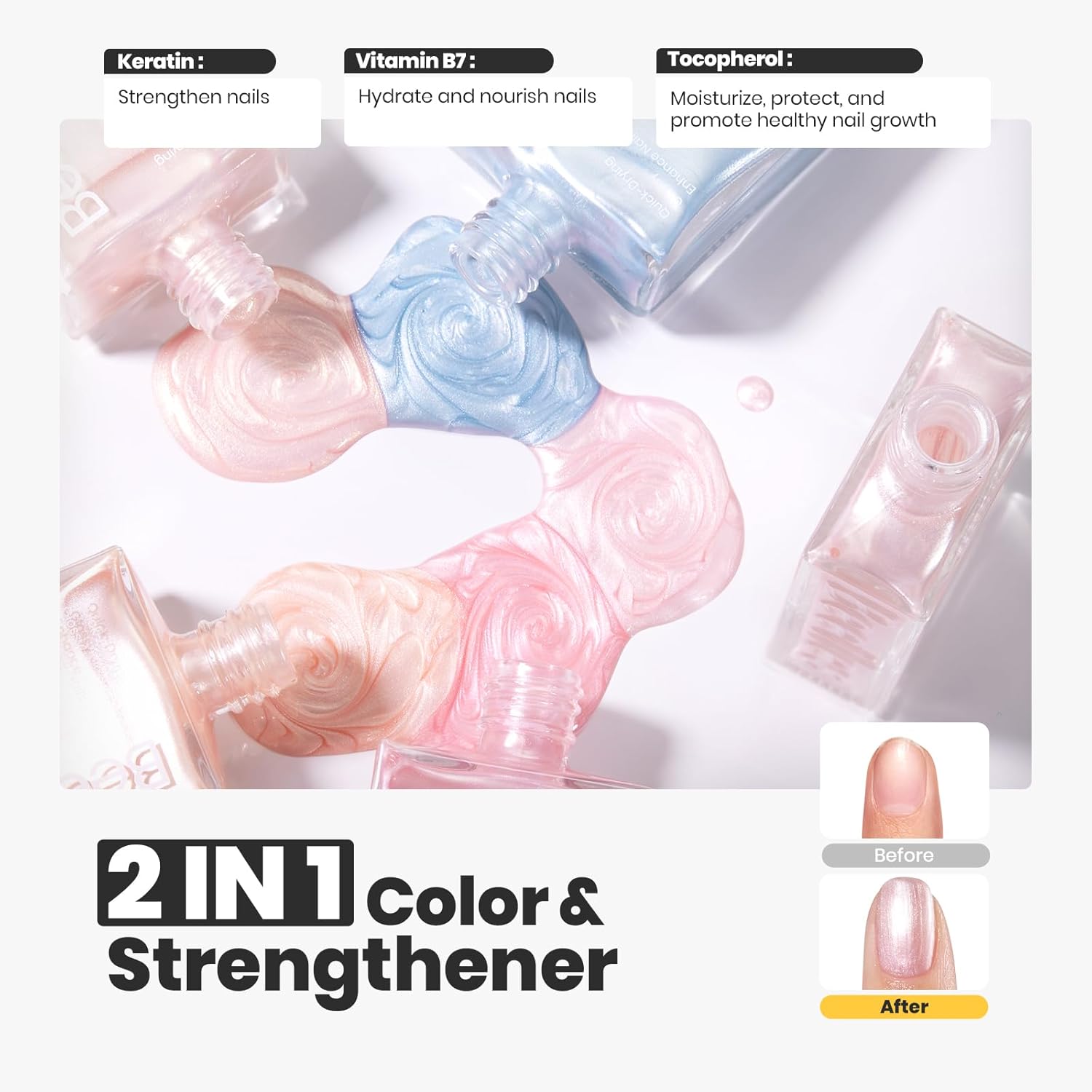 Beetles Pearl Nail Polish Set 7Pcs, Nude Pink Frosty Blue Beige Quick-drying Nail Polish Kit, with 2 IN 1 Base & Top Coat and Cuticle Serum 20ml All-in-One Care Nails Gift Sets-Velvo Beauty