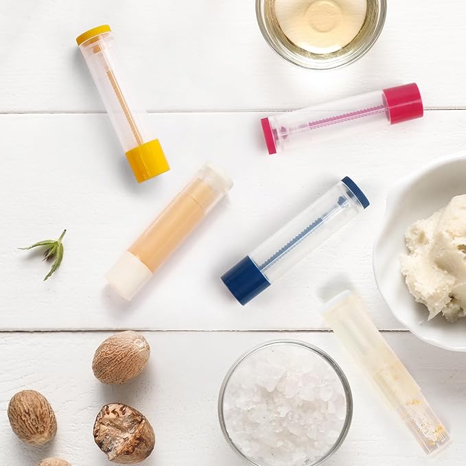 LotFancy Lip Balm Tubes, 60 Empty, 5.5ml, Clear Plastic Containers with 4 Color Caps, BPA Free, Leak Free, Refillable (Yellow White Blue Red)-Velvo Beauty