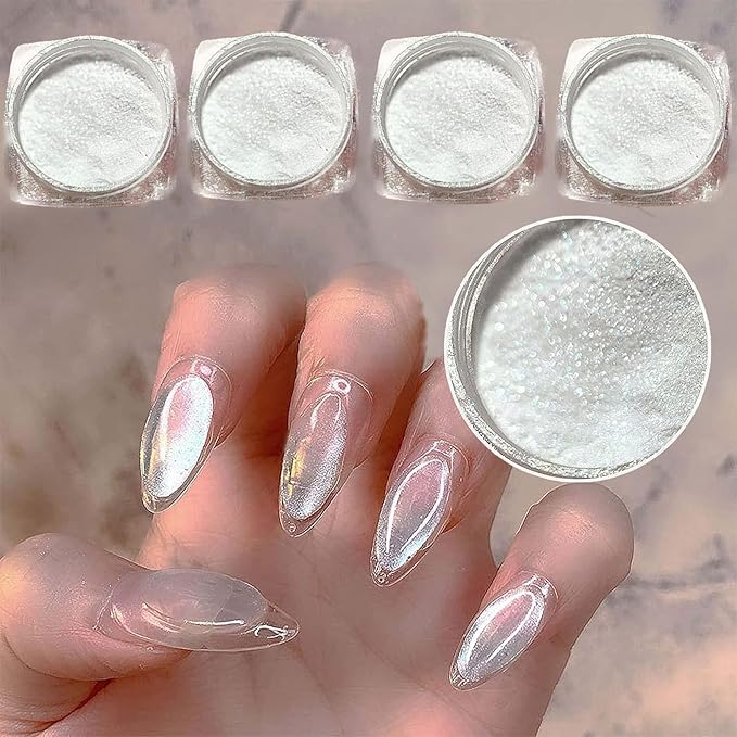 4pc Pearl Chrome Nail Powder Ice Transparent Chrome Powder for Nails, Rainbow Holographic Nail Chrome Powder for Manicure Decorations(4pc White)-Velvo Beauty